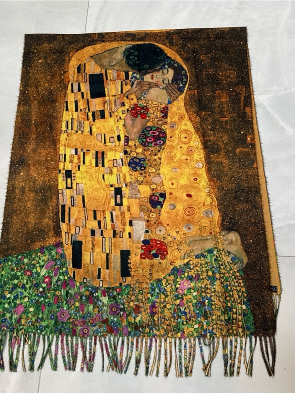 Gold Floral Embrace Wall Tapestry - Gustav Klimt Inspired